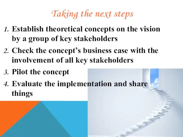 Taking the next steps Establish theoretical concepts on the vision by a