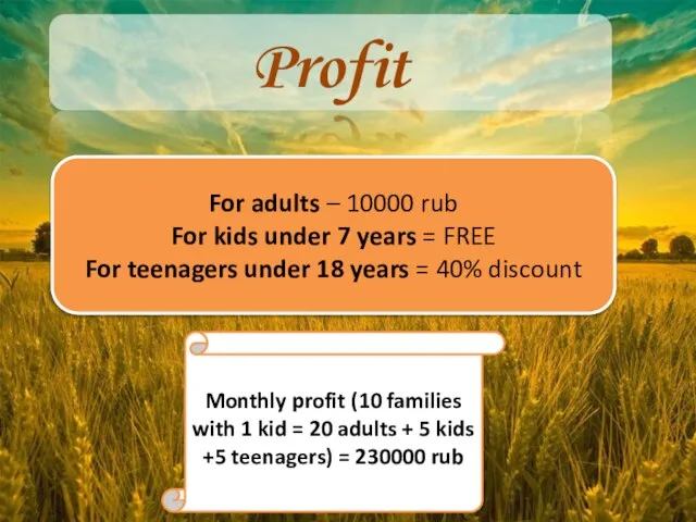 Profit For adults – 10000 rub For kids under 7 years =