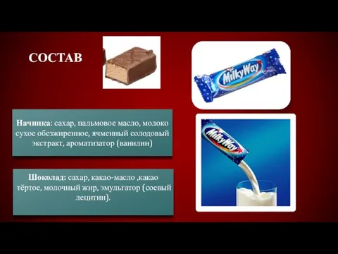 Состав Начинка: сахар, пальмовое масло, молоко сухое обезжиренное, ячменный солодовый экстракт, ароматизатор