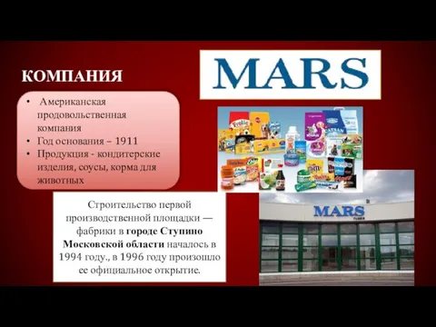 компания Американская продовольственная компания Год основания – 1911 Продукция - кондитерские изделия,