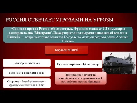 Россия отвечает угрозами на угрозы «Санкции против России обоюдоострые. Франция ожидает 1,3