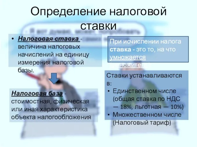 Определение налоговой ставки Налоговая ставка - величина налоговых начислений на единицу измерения