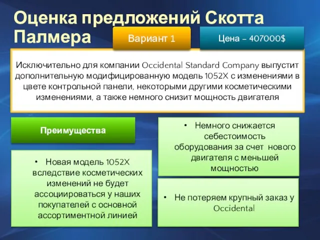 Оценка предложений Скотта Палмера Исключительно для компании Occidental Standard Company выпустит дополнительную