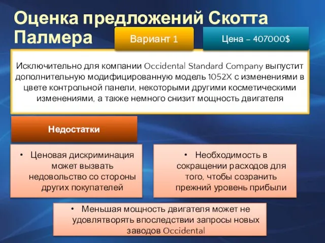 Оценка предложений Скотта Палмера Исключительно для компании Occidental Standard Company выпустит дополнительную