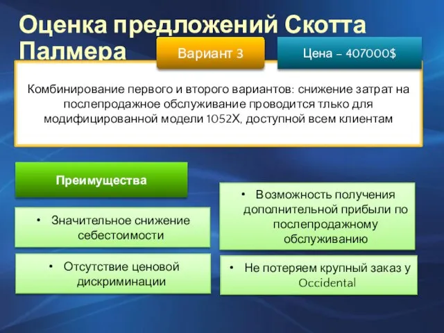 Оценка предложений Скотта Палмера Комбинирование первого и второго вариантов: снижение затрат на