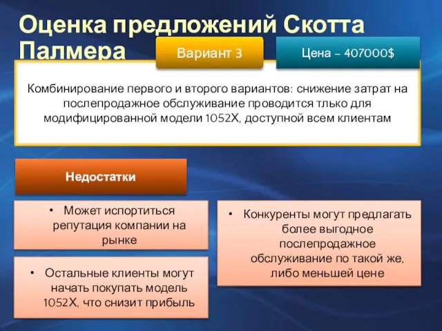 Оценка предложений Скотта Палмера Комбинирование первого и второго вариантов: снижение затрат на