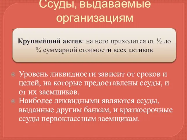 Ссуды, выдаваемые организациям Уровень ликвидности зависит от сроков и целей, на которые