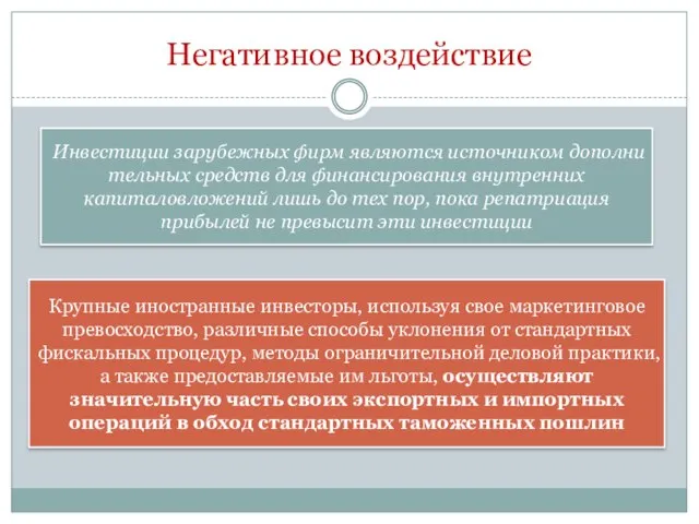 Негативное воздействие Инвестиции за­рубежных фирм являются источником дополни­тельных средств для финансирования внутренних