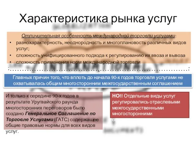 Характеристика рынка услуг Отличительная особенность международной торговли услугами: разнохарактерность, неоднородность и многоплановость