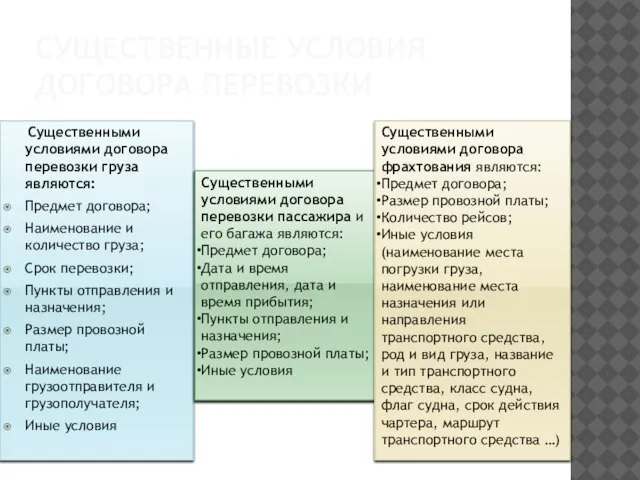 Существенные условия договора перевозки Существенными условиями договора перевозки груза являются: Предмет договора;