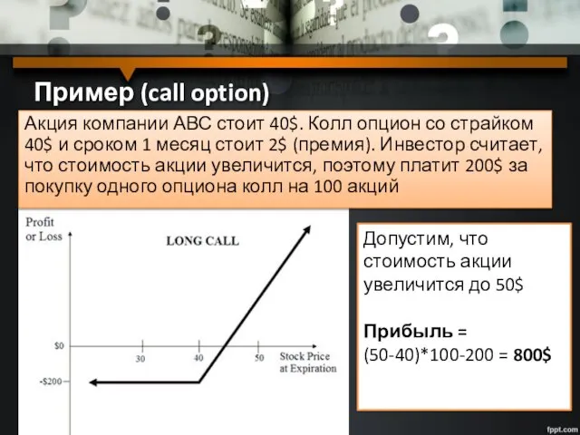 Пример (call option) Акция компании АВС стоит 40$. Колл опцион со страйком