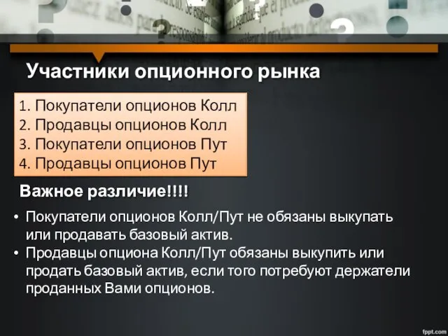 Участники опционного рынка 1. Покупатели опционов Колл 2. Продавцы опционов Колл 3.