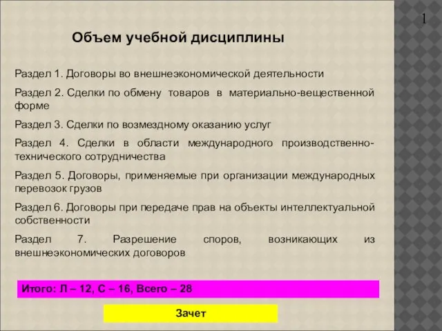 1 Объем учебной дисциплины Раздел 1. Договоры во внешнеэкономической деятельности Раздел 2.