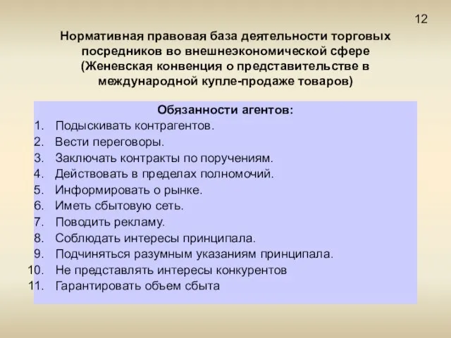 Нормативная правовая база деятельности торговых посредников во внешнеэкономической сфере (Женевская конвенция о