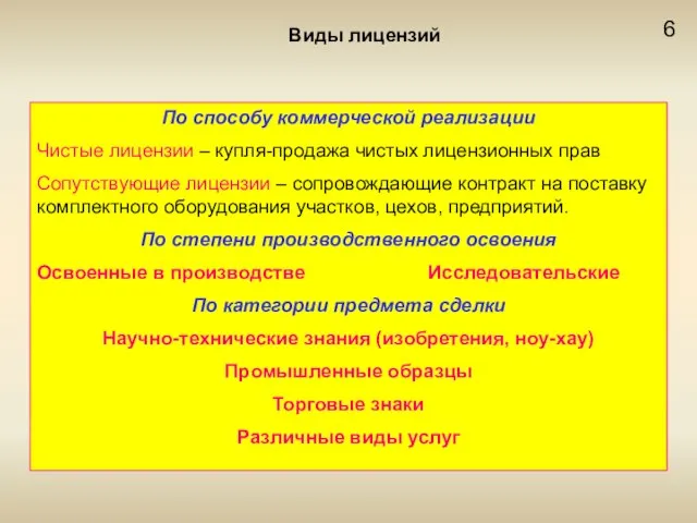 6 Виды лицензий По способу коммерческой реализации Чистые лицензии – купля-продажа чистых