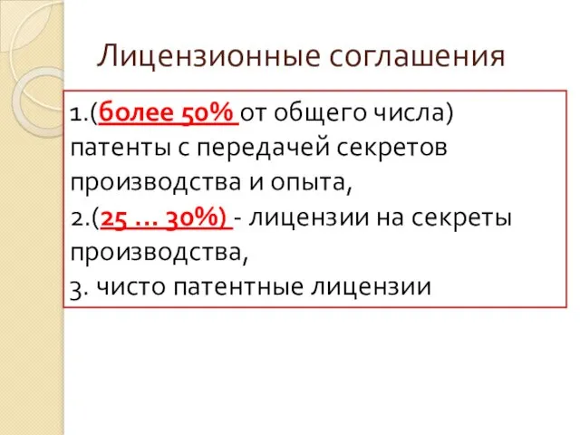 Лицензионные соглашения 1.(более 50% от общего числа) патенты с передачей секретов производства