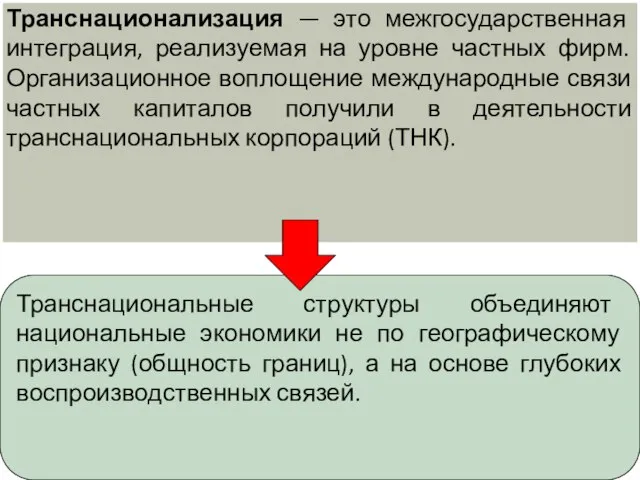 Транснационализация — это межгосударственная интеграция, реализуемая на уровне частных фирм. Организационное воплощение