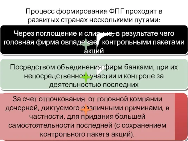 Процесс формирования ФПГ проходит в развитых странах несколькими путями: Посредством объединения фирм