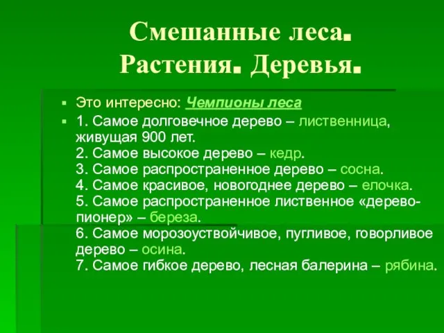 Смешанные леса. Растения. Деревья. Это интересно: Чемпионы леса 1. Самое долговечное дерево