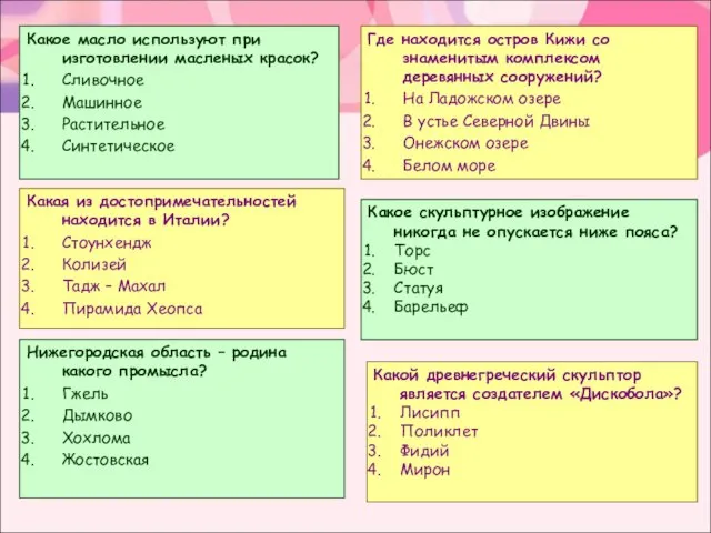 Какое масло используют при изготовлении масленых красок? Сливочное Машинное Растительное Синтетическое Какая