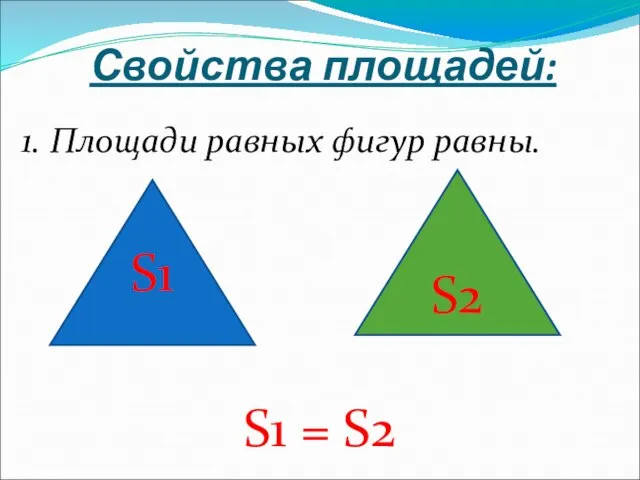 Свойства площадей: 1. Площади равных фигур равны. S1 = S2 S1 S2