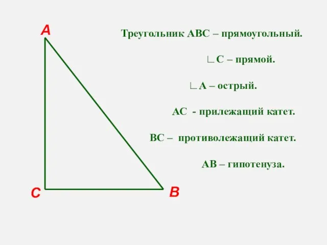С В А Треугольник АВС – прямоугольный. ∟С – прямой. ∟А –