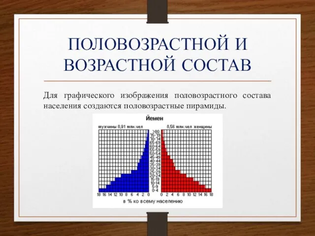 ПОЛОВОЗРАСТНОЙ И ВОЗРАСТНОЙ СОСТАВ Для графического изображения половозрастного состава населения создаются половозрастные пирамиды.