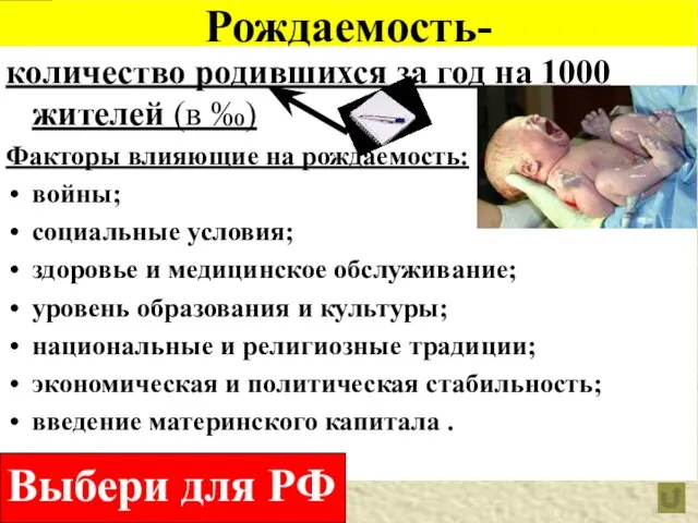 Рождаемость- количество родившихся за год на 1000 жителей (в ‰) Факторы влияющие