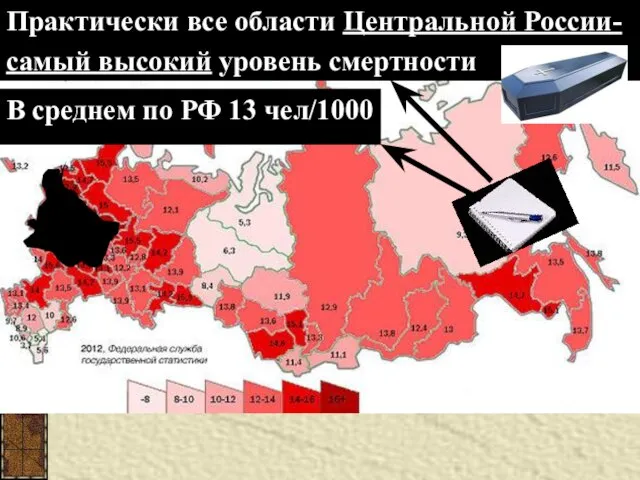 Практически все области Центральной России- самый высокий уровень смертности В среднем по РФ 13 чел/1000