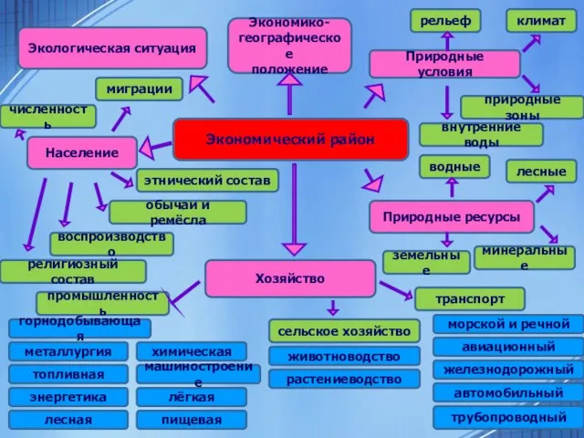 Экономический район Экологическая ситуация Экономико- географическое положение Природные условия Хозяйство Население Природные