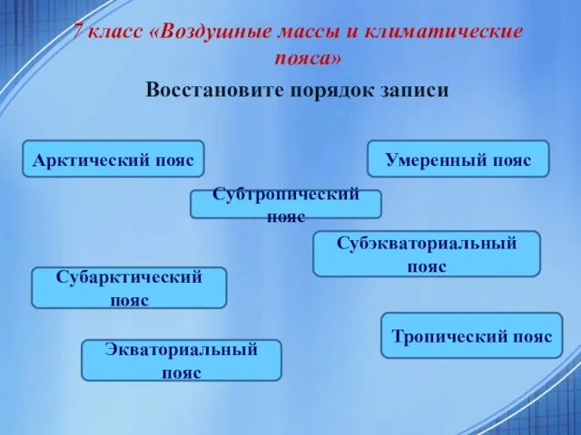 7 класс «Воздушные массы и климатические пояса» Восстановите порядок записи Арктический пояс