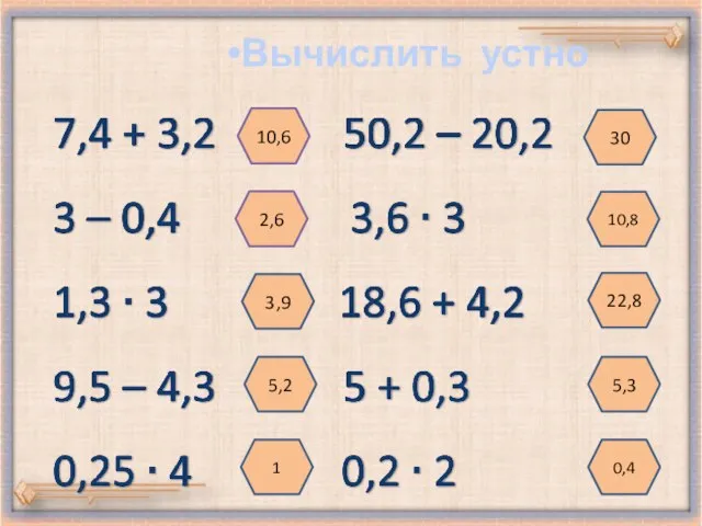 Вычислить устно 10,6 3,9 5,2 1 30 10,8 22,8 5,3 0,4 2,6