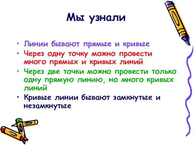 Мы узнали Линии бывают прямые и кривые Через одну точку можно провести