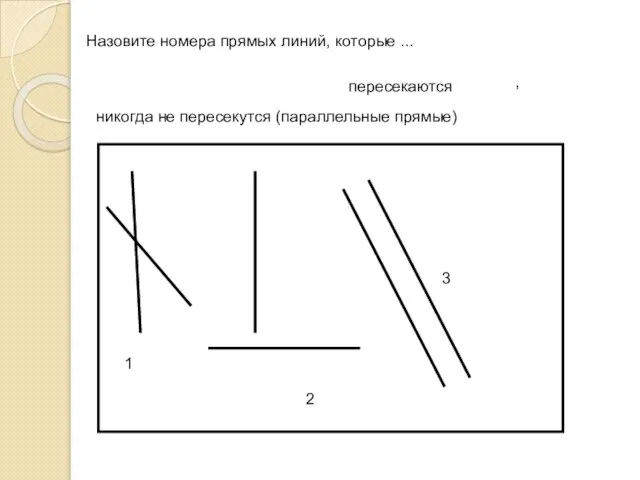 1 2 3 Назовите номера прямых линий, которые ... пересекаются никогда не пересекутся (параллельные прямые) ,