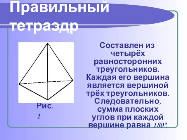 Правильный тетраэдр Составлен из четырёх равносторонних треугольников. Каждая его вершина является вершиной