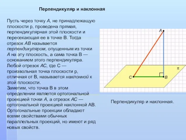 Пусть через точку А, не принадлежащую плоскости p, проведена прямая, перпендикулярная этой