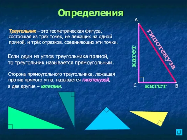 Определения Если один из углов треугольника прямой, то треугольник называется прямоугольным. А