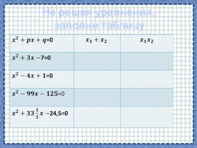 Не решая уравнения, заполни таблицу