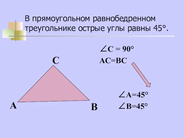 В прямоугольном равнобедренном треугольнике острые углы равны 45°. ∠С = 90° АС=ВС