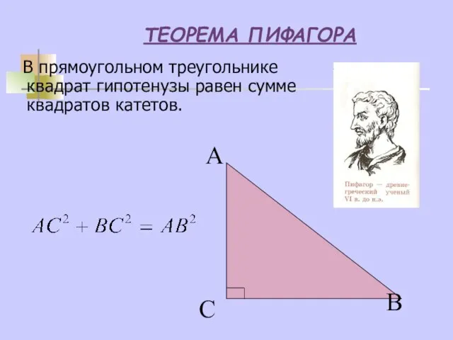 ТЕОРЕМА ПИФАГОРА В прямоугольном треугольнике квадрат гипотенузы равен сумме квадратов катетов. В С А
