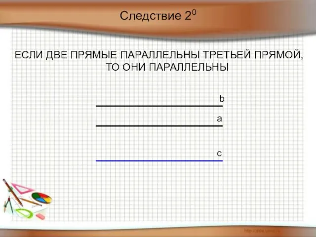 ЕСЛИ ДВЕ ПРЯМЫЕ ПАРАЛЛЕЛЬНЫ ТРЕТЬЕЙ ПРЯМОЙ, ТО ОНИ ПАРАЛЛЕЛЬНЫ a b c Следствие 20