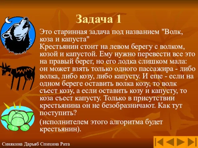 Задача 1 Это старинная задача под названием "Волк, коза и капуста" Крестьянин