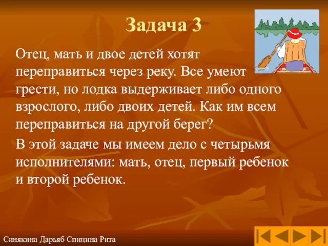 Задача 3 Отец, мать и двое детей хотят переправиться через реку. Все