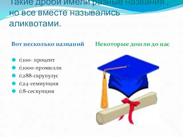 Такие дроби имели разные названия , но все вместе назывались аликвотами. Вот