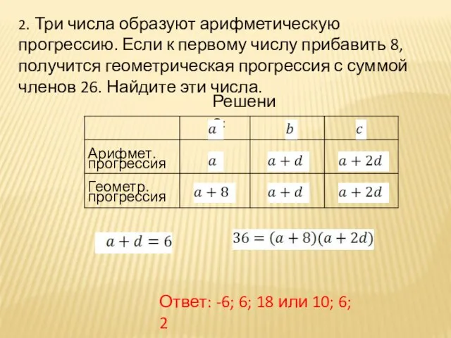 2. Три числа образуют арифметическую прогрессию. Если к первому числу прибавить 8,