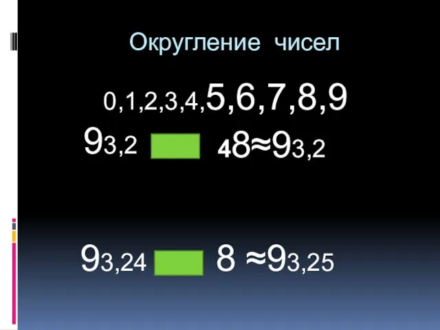 Округление чисел 48≈93,2 0,1,2,3,4,5,6,7,8,9 93,2 93,24 8 ≈93,25