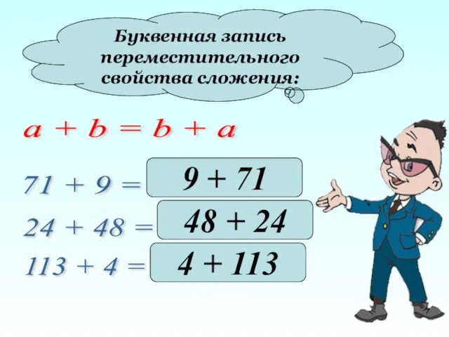 Буквенная запись переместительного свойства сложения: a + b = b + a