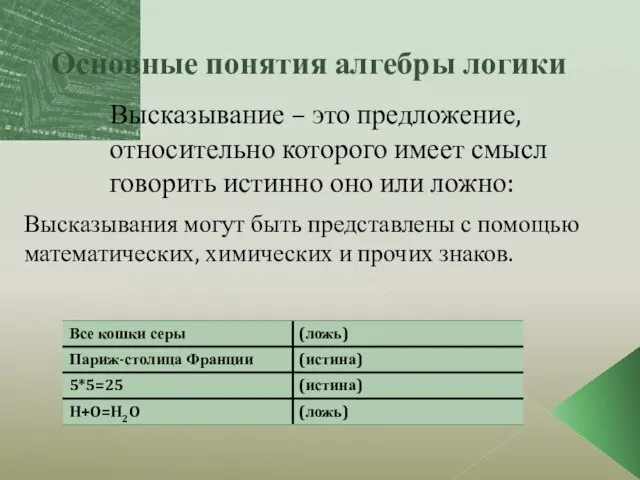 Основные понятия алгебры логики Высказывание – это предложение, относительно которого имеет смысл