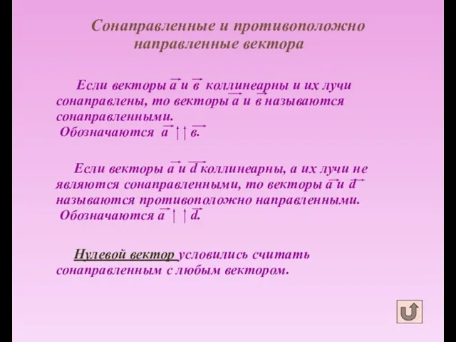 Сонаправленные и противоположно направленные вектора Если векторы а и в коллинеарны и