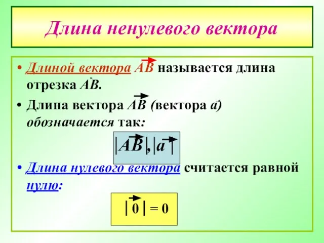 Длина ненулевого вектора Длиной вектора АВ называется длина отрезка АВ. Длина вектора